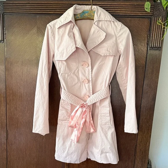 Buffalo David Bitton Pink Trench Coat Jacket Satin Belt Pockets Small Womens - Picture 9 of 9